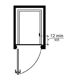A plan view shows an elevator with an out-swinging hoistway door. The control panel is shown on the car side wall 12 inches (305 mm) minimum from the front.