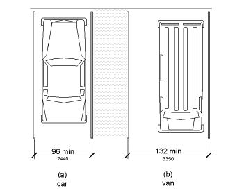 Two marked parking spaces are shown in plan view. The car space is 96 inches (2440 mm) wide minimum and the van space is 132 inches (3350 mm) wide minimum, with an access aisle between them.